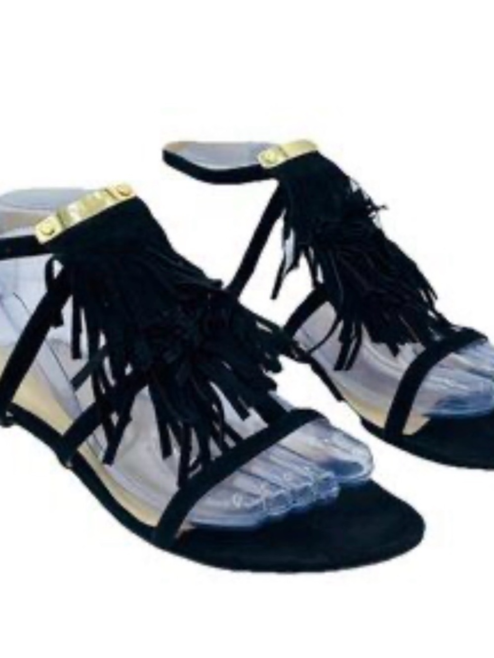 Marc Fisher Black Fringe T-Strap Sandals with Gold Accent